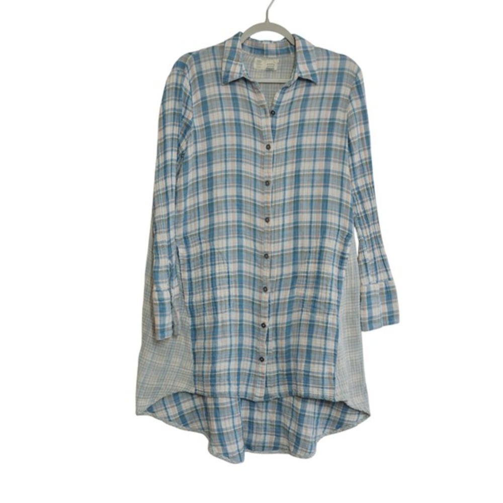 Anthropologie Saturday Sunday Medium Plaid Cotton Gauze Shirt Dress Blue Peach